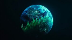 Futuristic digital image of Earth with glowing green financial charts and global data visualization elements.