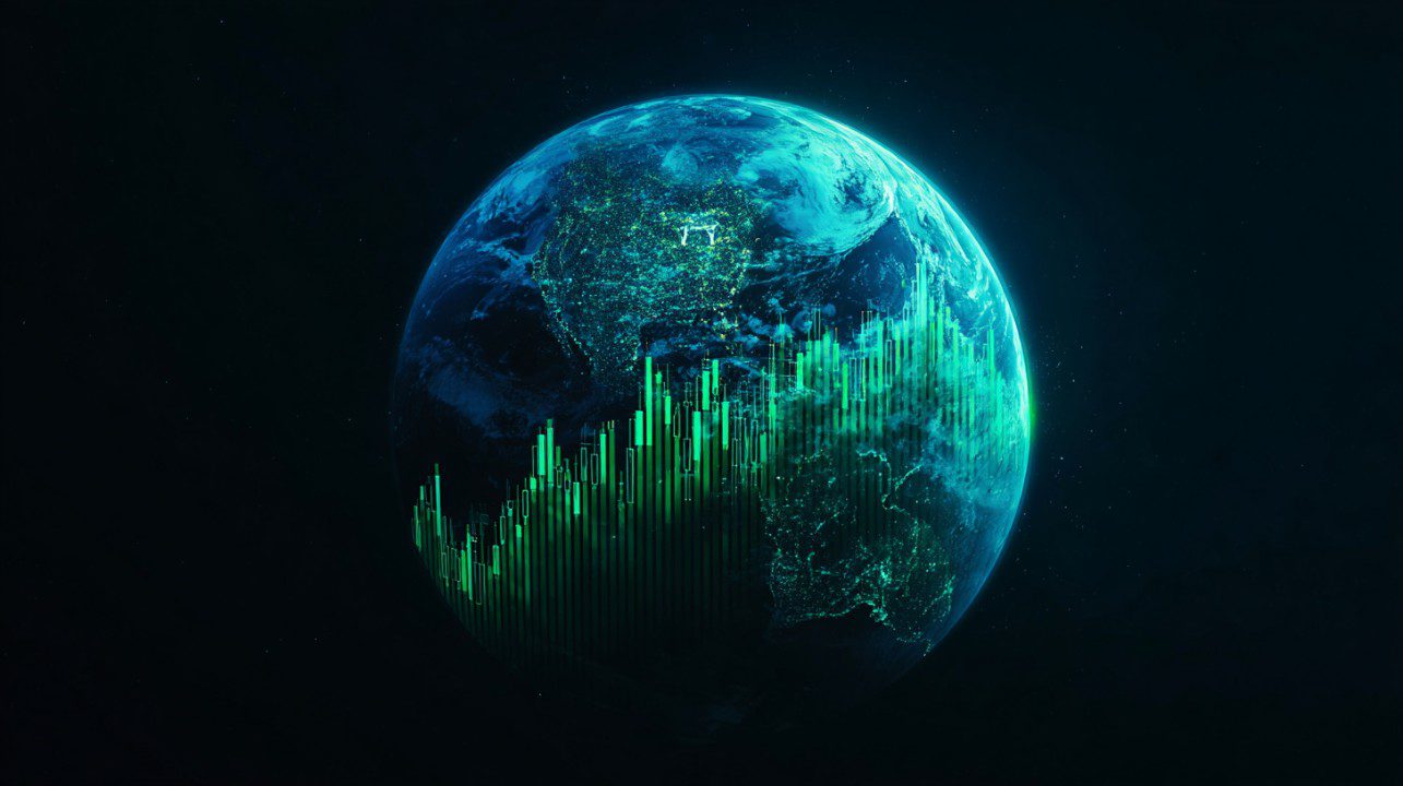 Futuristic digital image of Earth with glowing green financial charts and global data visualization elements.