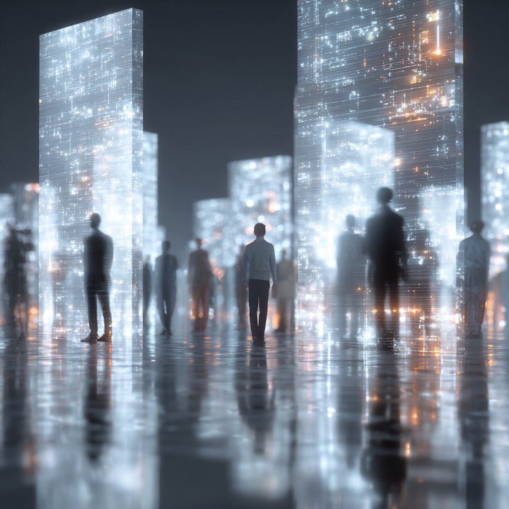 Silhouettes of people walking through a glowing futuristic space with illuminated digital towers, representing a high-tech data environment.
