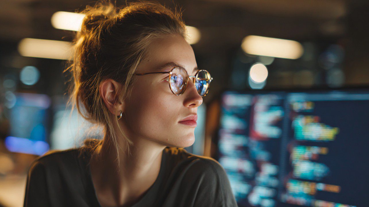 A focused young woman wearing glasses looks away from screens displaying code in a modern tech workspace—representing coding and data work.