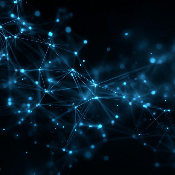 Futuristic glowing blue digital network with connected nodes and lines representing data flow and AI infrastructure.