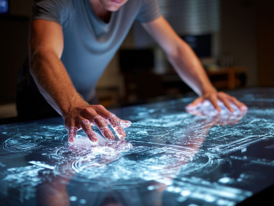 A man uses both hands to manipulate a glowing futuristic touchscreen interface with holographic data in a tech-focused environment.