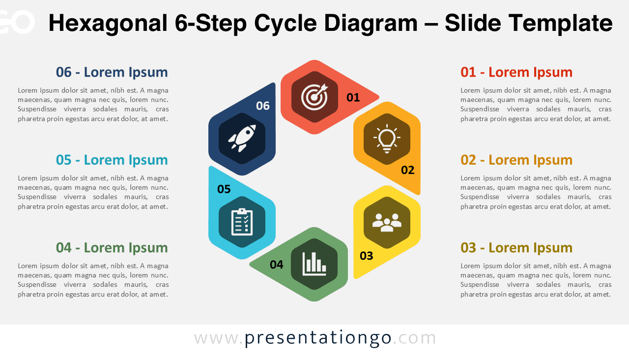 Hexagonal 6-Step Cycle Diagram PowerPoint & Google Slides Template with 6 vivid hexagons on a light background for process visualization.