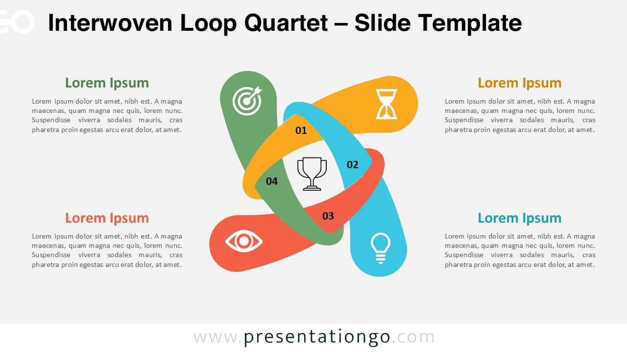 Free Interwoven Loop Quartet PowerPoint template and Google Slides presentation diagram featuring four loops with icons on a light background.