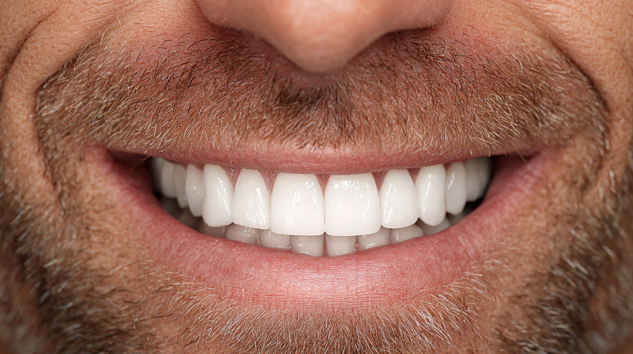Detailed close-up of a smiling middle-aged man showing perfect white teeth and natural stubble, ideal for dental and wellness content.