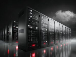 Futuristic server racks in a secure, dark data center with glowing red lights, symbolizing digital storage and cloud computing infrastructure.