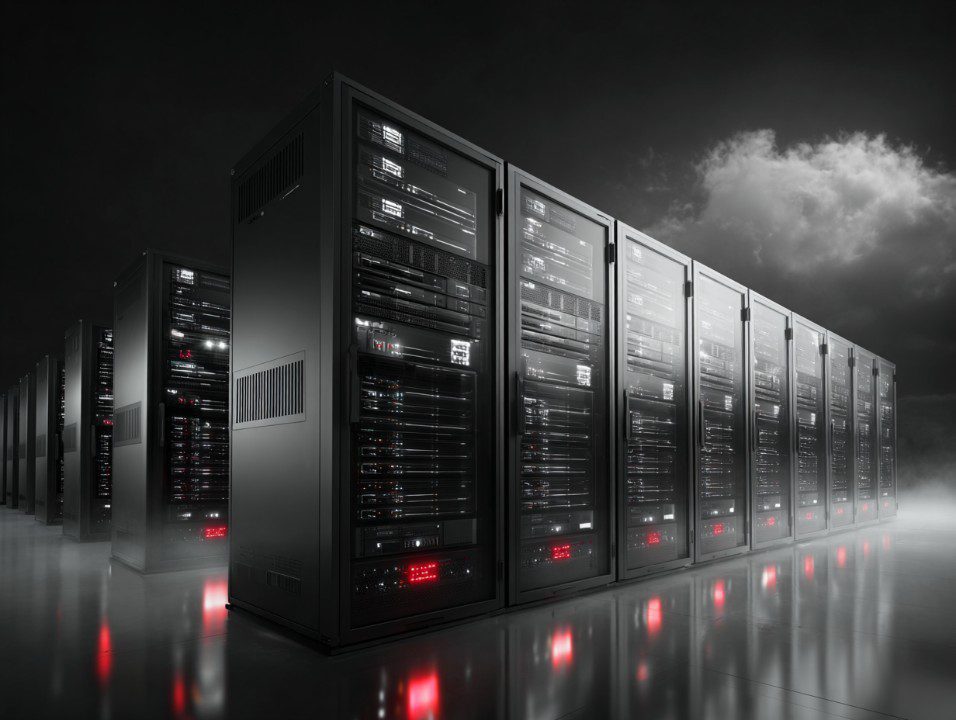 Futuristic server racks in a secure, dark data center with glowing red lights, symbolizing digital storage and cloud computing infrastructure.