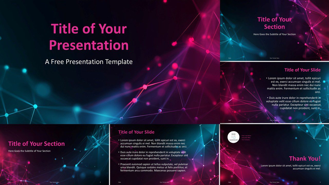 Widescreen view of the Neon Network PowerPoint and Google Slides theme with glowing blue and pink gradient background.