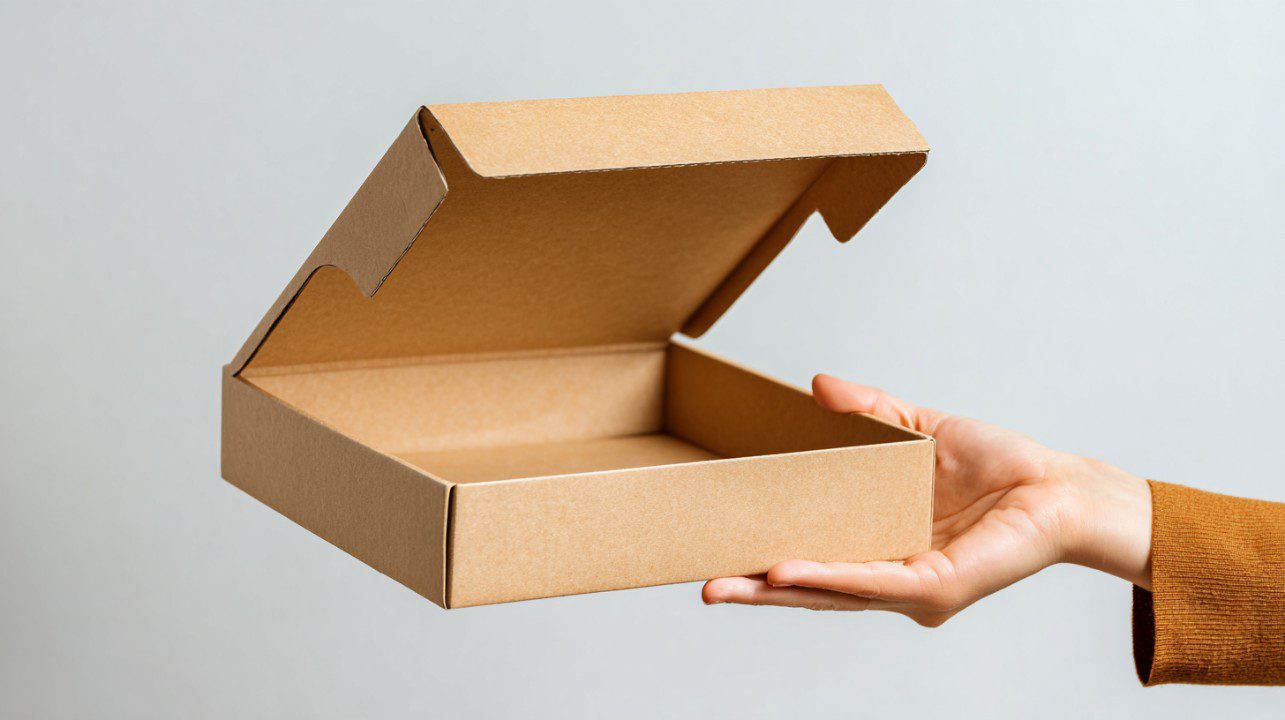 A person’s hand holding an open cardboard box on a neutral background, representing sustainable packaging and e-commerce delivery concepts.