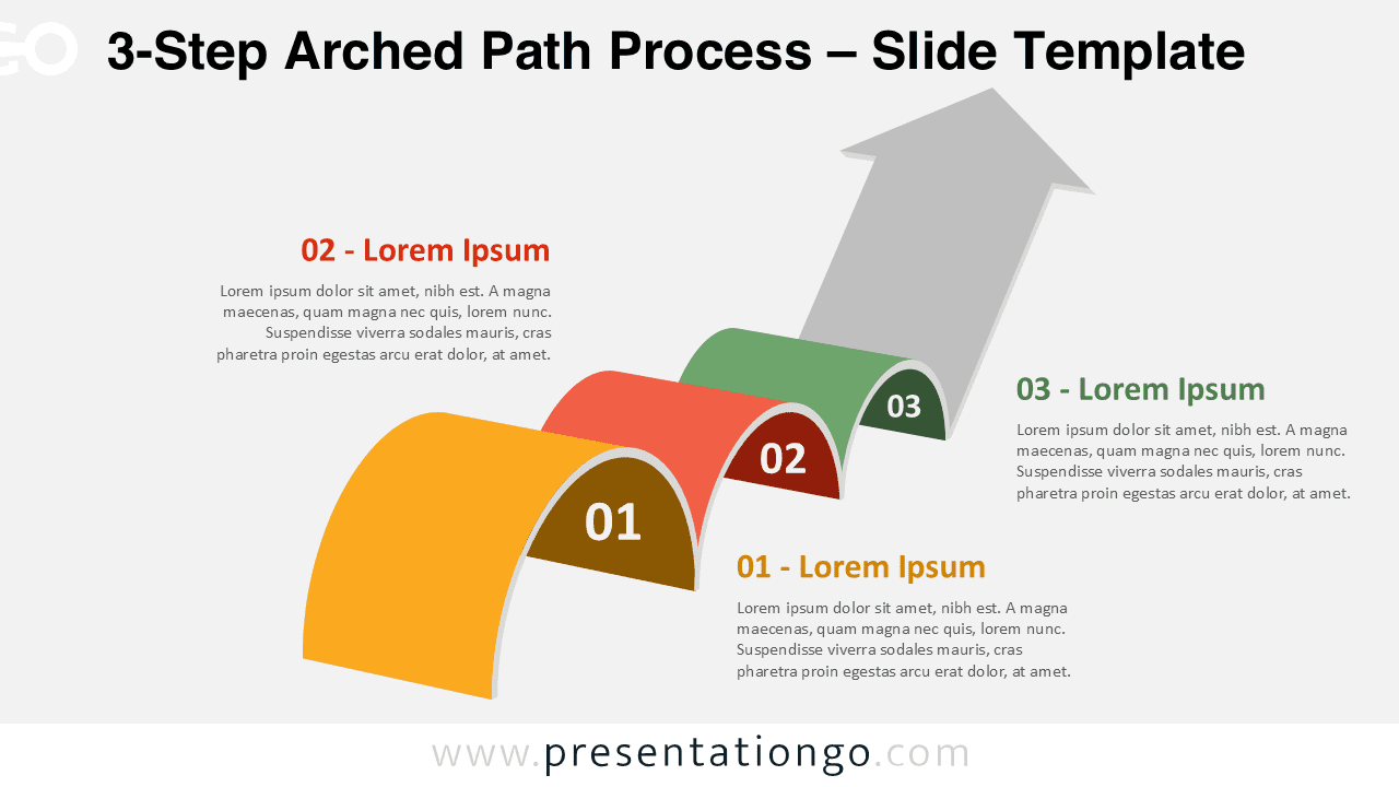 colorful 3-step arched process diagram for PowerPoint presentations