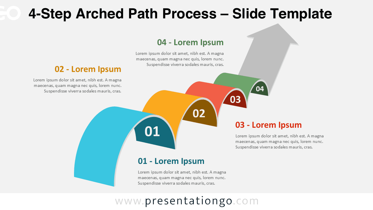 colorful 4-step curved PowerPoint diagram with arrow path