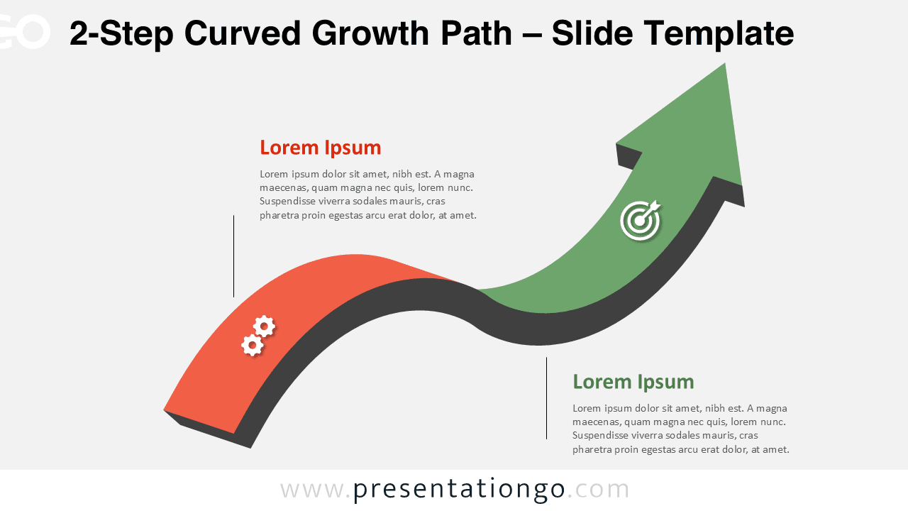 A two-step curved path PowerPoint slide featuring colored segments, icons, and a smooth progression toward a final upward arrow; also works in Google Slides.