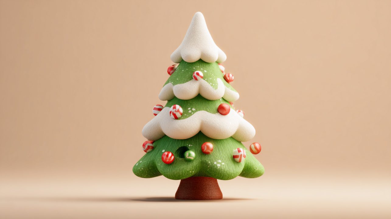 Cute 3D-rendered Christmas tree with snow-covered branches and colorful candy ornaments, perfect for holiday-themed visuals.