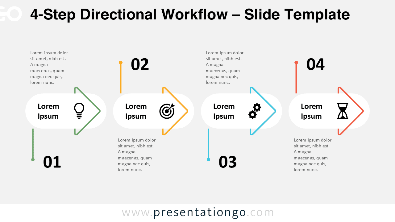 Slide view of the 4-step directional workflow diagram for PowerPoint and Google Slides, showing arrows, icons, and color-coded steps for clear presentation flow.