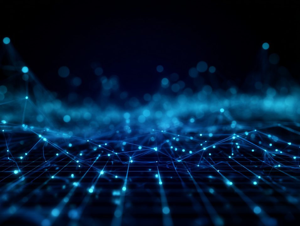 Blue glowing digital grid with connected data points over a black background, representing network, AI, and data systems.