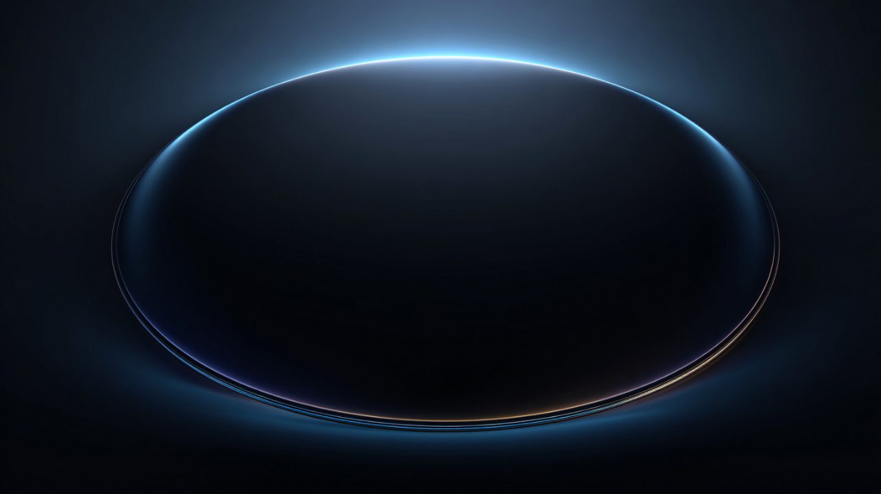 3D render of a smooth black futuristic orb with glowing blue and purple edges on a dark background, evoking a sci-fi and tech aesthetic.