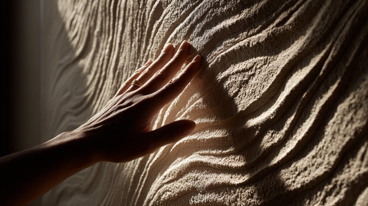 A hand gently touches a textured, sculpted wall surface illuminated by warm natural light.