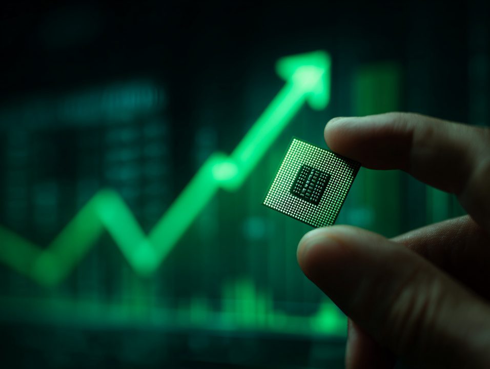 A hand holding a microchip in front of a glowing green upward arrow graph, symbolizing tech innovation and market growth.