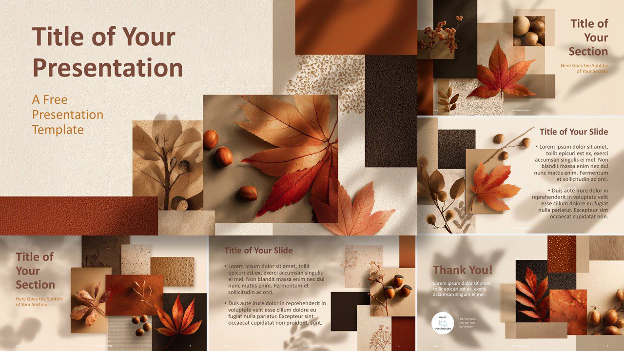 Warm seasonal Rustic Fall Collage template preview with textured paper elements and leaf imagery created for PowerPoint and Google Slides presentations.