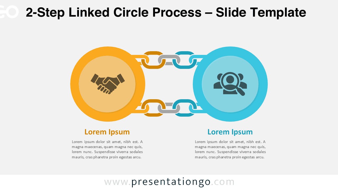 Editable two-step linked circle workflow diagram for PowerPoint and Google Slides designed for comparisons and paired concepts.