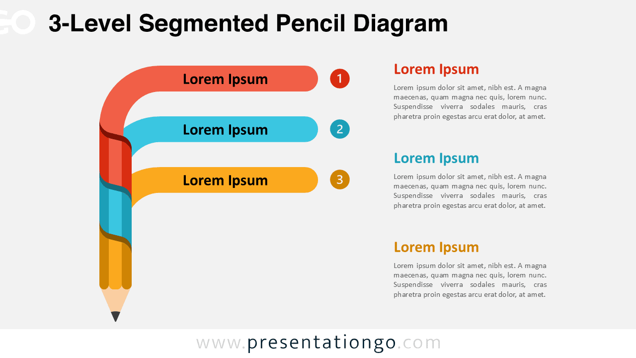 Three-level segmented pencil diagram for PowerPoint and Google Slides with a clean layout and numbered bands ideal for educational or workflow presentations.