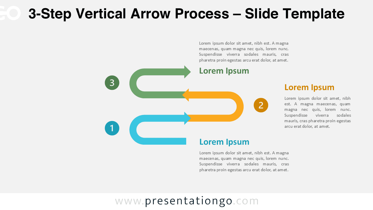 Vertical arrow diagram with three steps for PowerPoint and Google Slides designed to present structured workflows clearly.