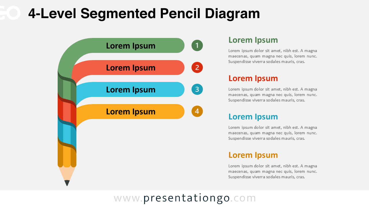 Four-level segmented pencil diagram for PowerPoint and Google Slides with colored bands and organized steps suitable for teaching and structured presentations.