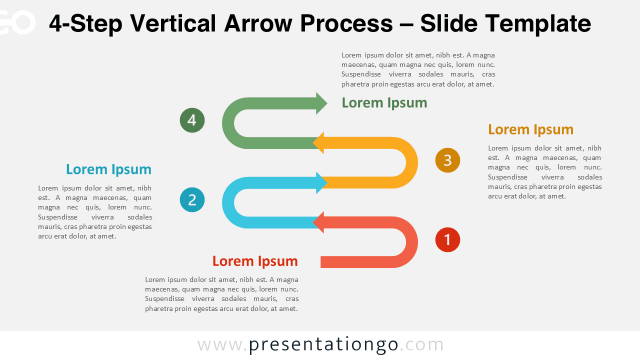 Vertical arrow process diagram with four steps for PowerPoint and Google Slides used to explain workflows or methodologies.