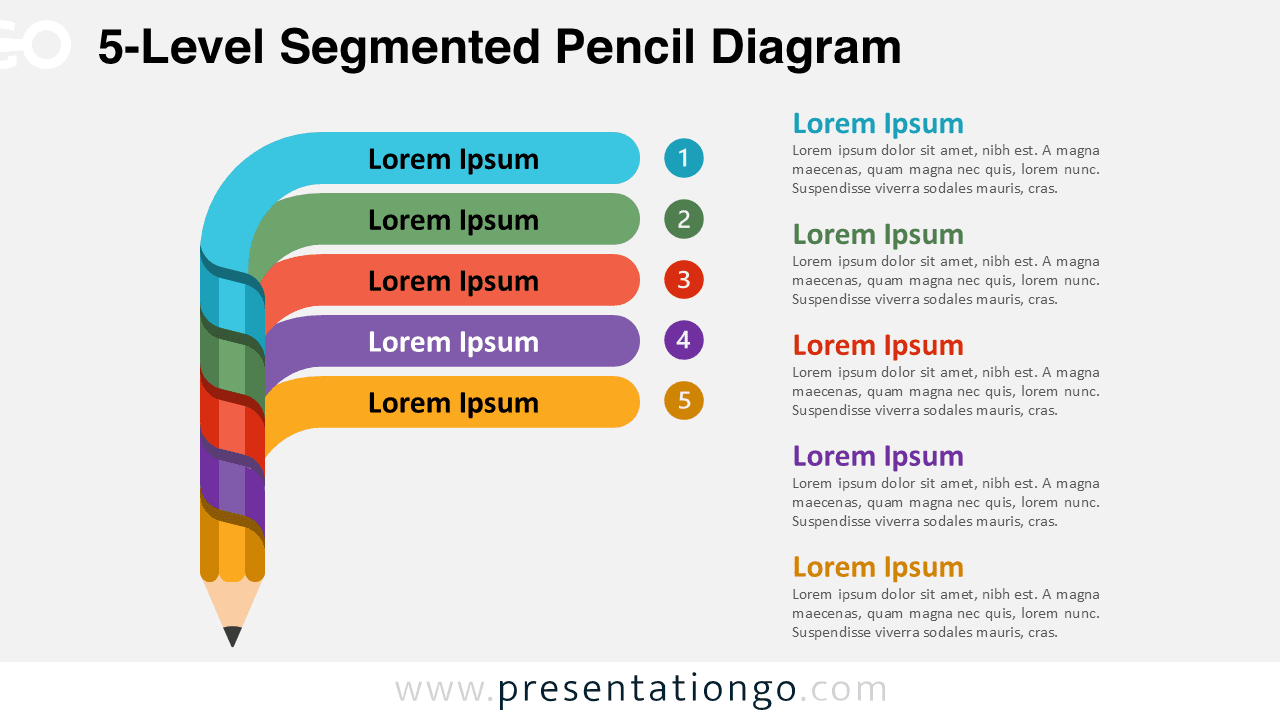Five-level segmented pencil diagram for PowerPoint and Google Slides with clean colored layers ideal for structured workflows and educational sequences.