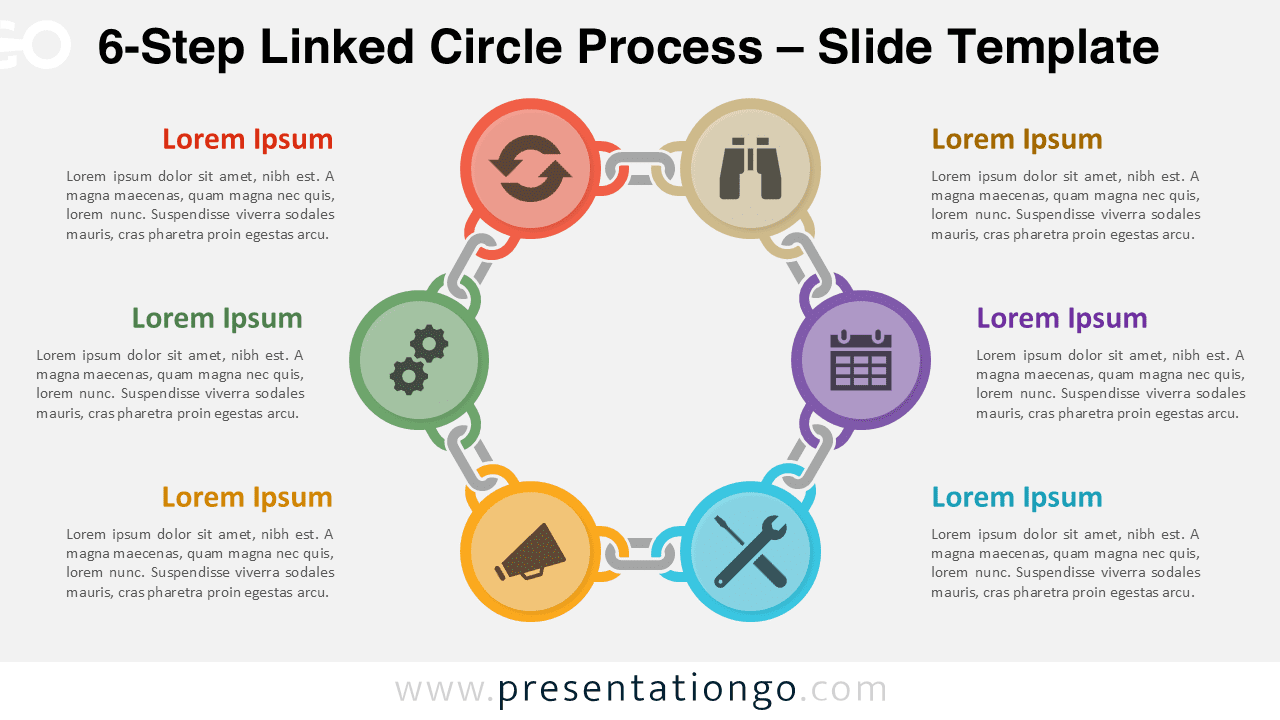 Editable six-step linked circle workflow diagram for PowerPoint and Google Slides with icons and structured flow.