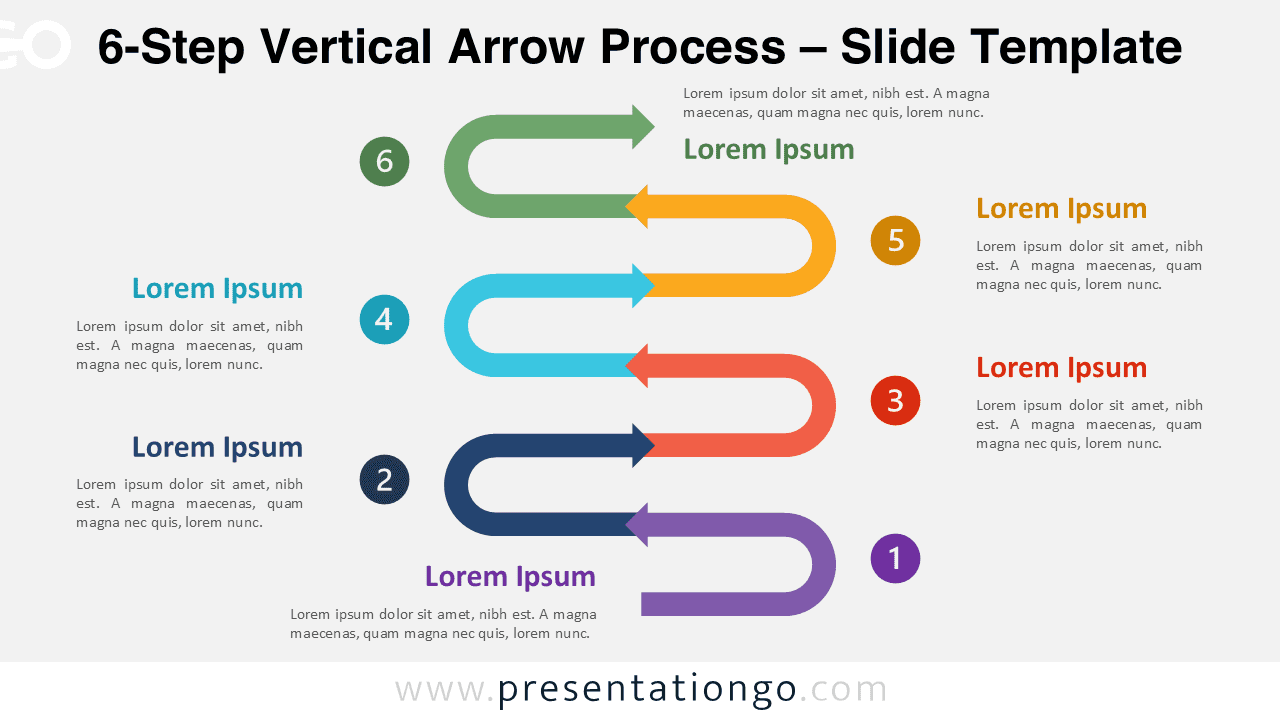 Vertical arrow diagram with six steps for PowerPoint and Google Slides used to present complex structured processes.
