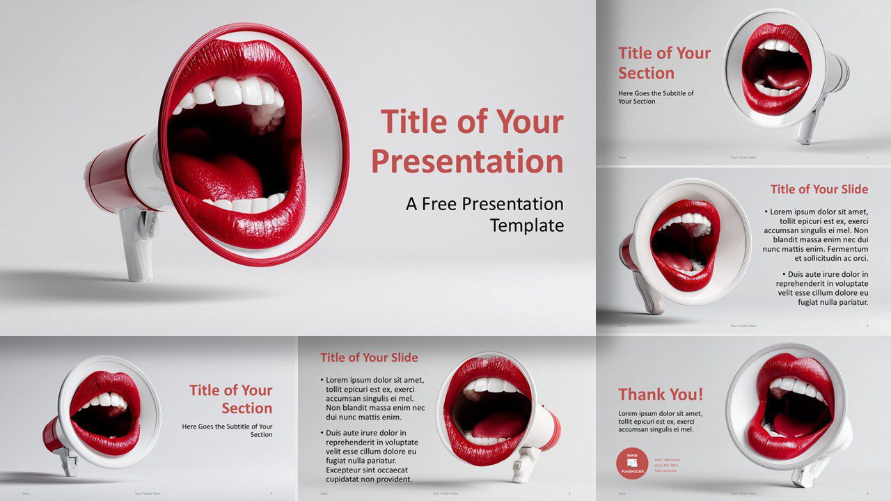 Preview of the Megaphone Message template for PowerPoint and Google Slides featuring expressive red megaphone visuals and clean modern presentation layouts.