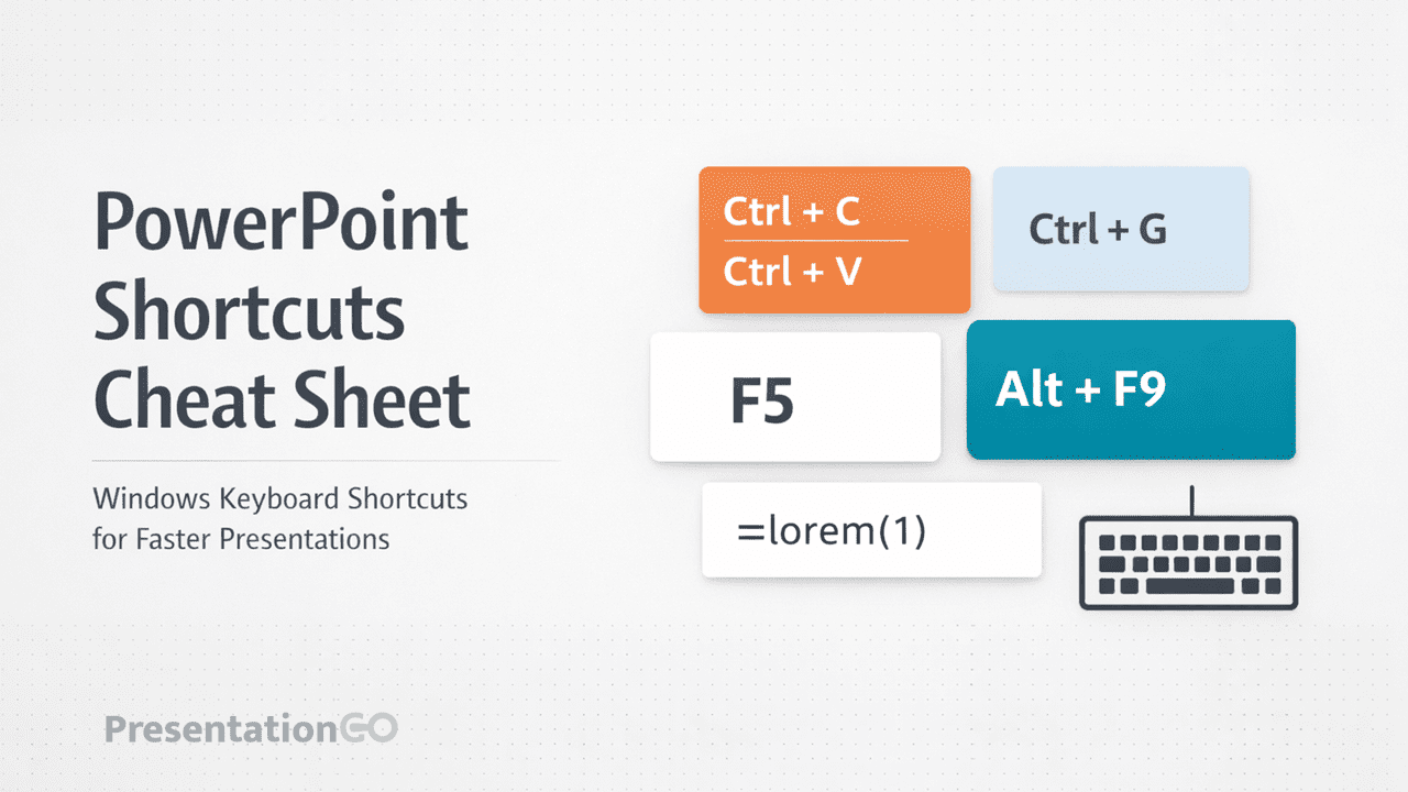 PowerPoint shortcuts cheat sheet showing Windows keyboard shortcuts for faster presentations