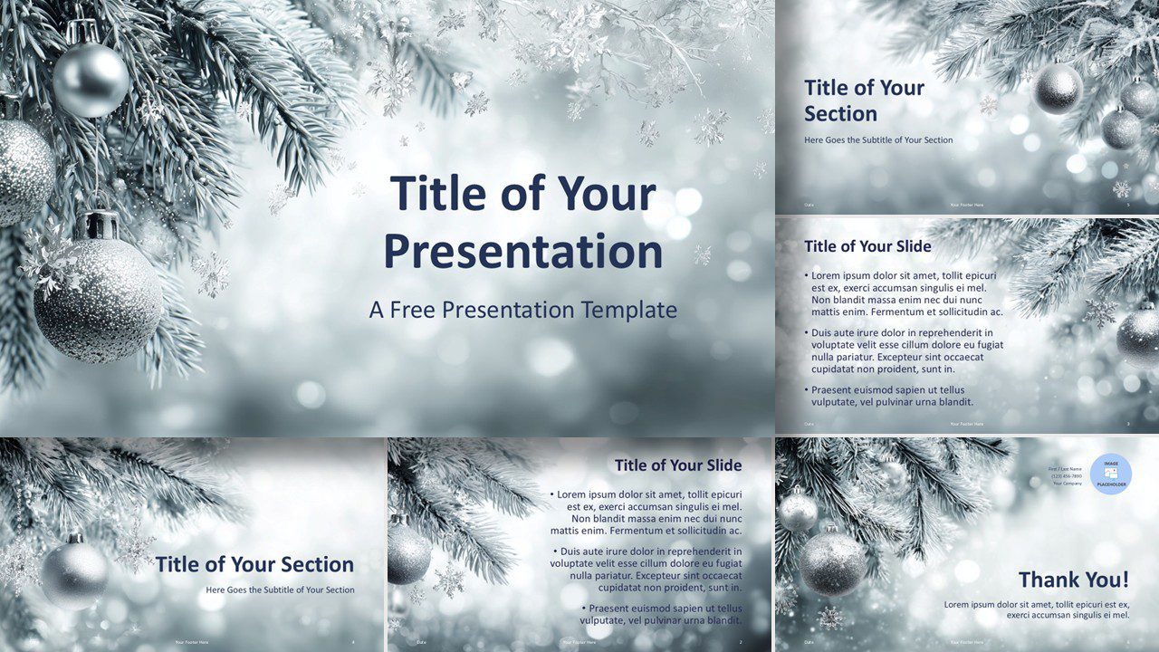 Overview of the Silver Pine template for PowerPoint and Google Slides showing all slide layouts with elegant winter design and clean structure.