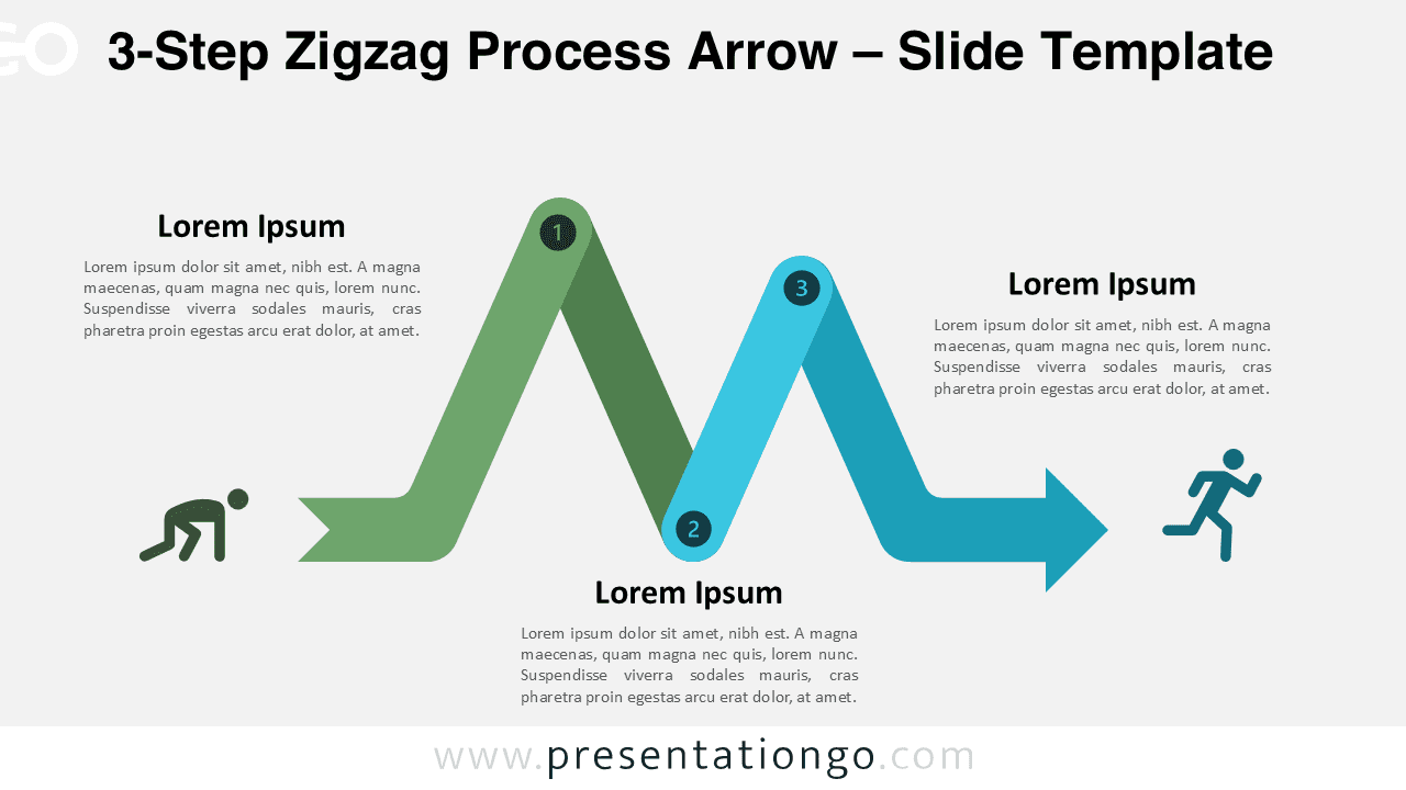 Editable 3-step zigzag process arrow diagram for PowerPoint and Google Slides designed to present linear workflows with clear step progression.