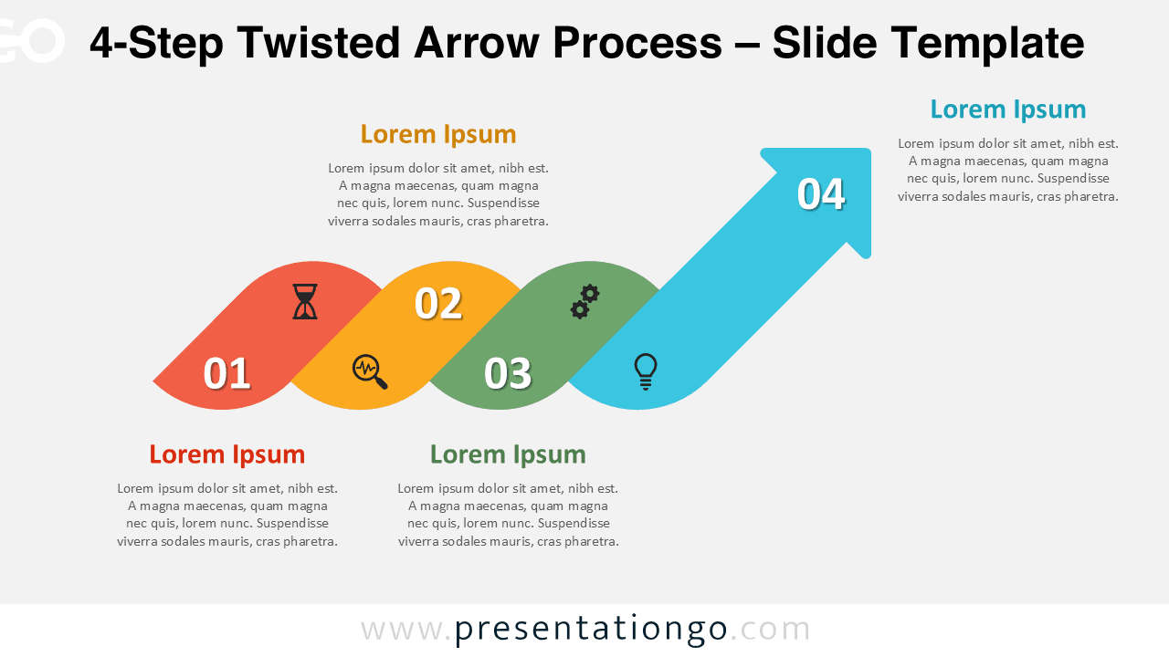 4-step twisted arrow process infographic for PowerPoint and Google Slides showing a ribbon flow with icons and titles.