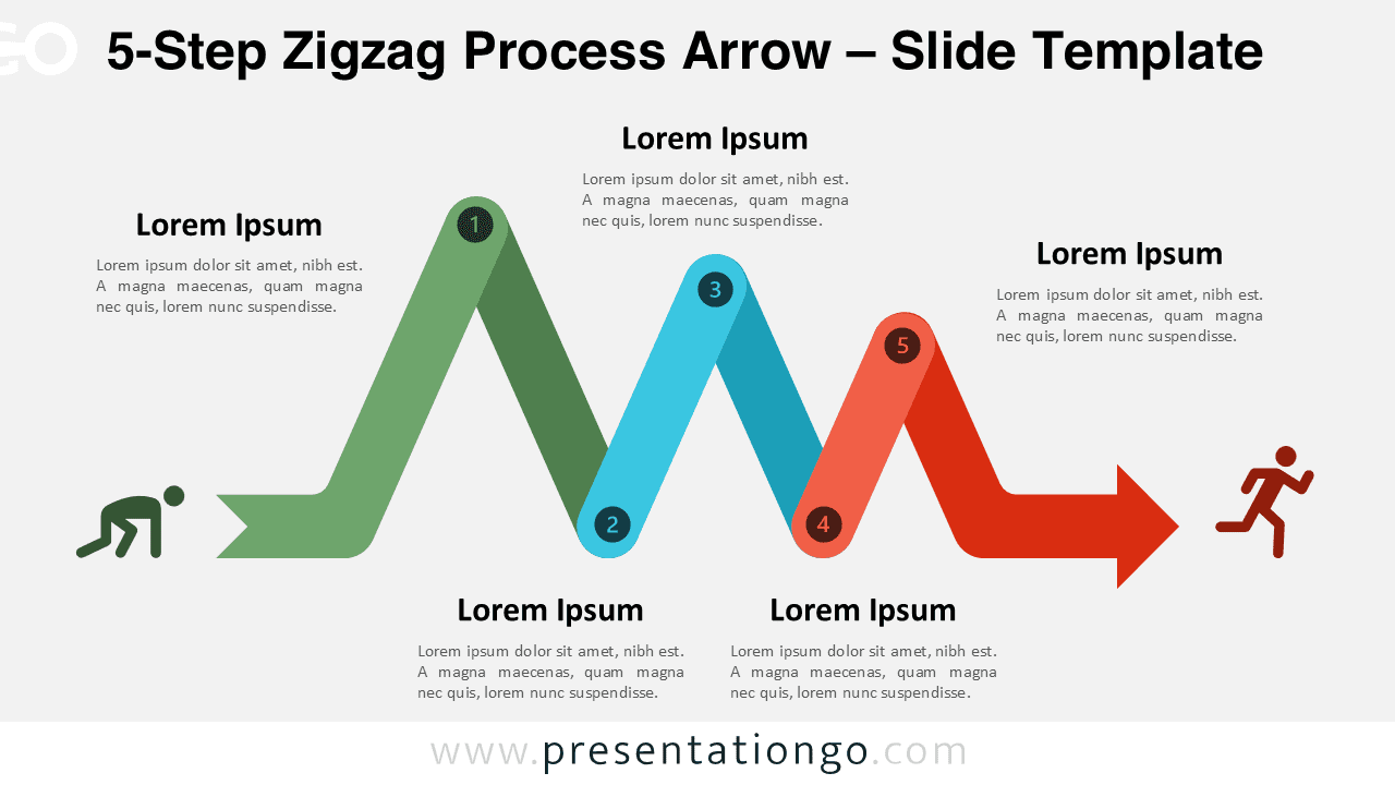 Editable 5-step zigzag process arrow diagram for PowerPoint and Google Slides with numbered milestones, icons, and customizable arrow path.