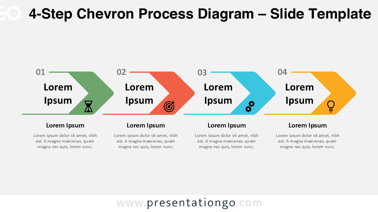 Chevron process diagram with four steps for PowerPoint and Google Slides, designed to present business workflows and structured processes.