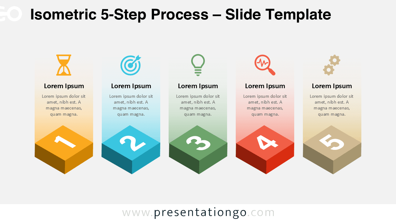 Isometric five-step process workflow for PowerPoint and Google Slides with clear steps, colorful gradients, icons, and structured layout.
