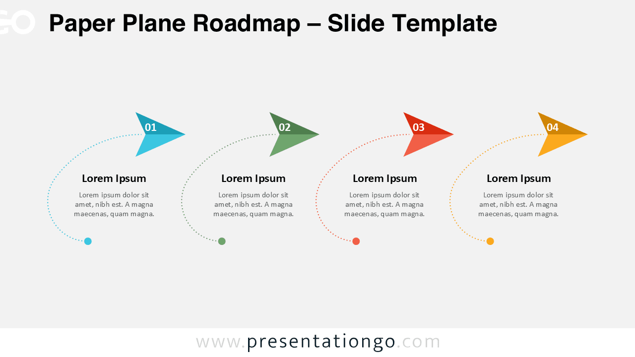 Paper Plane Roadmap process diagram for PowerPoint and Google Slides showing four milestones connected by curved dotted paths.