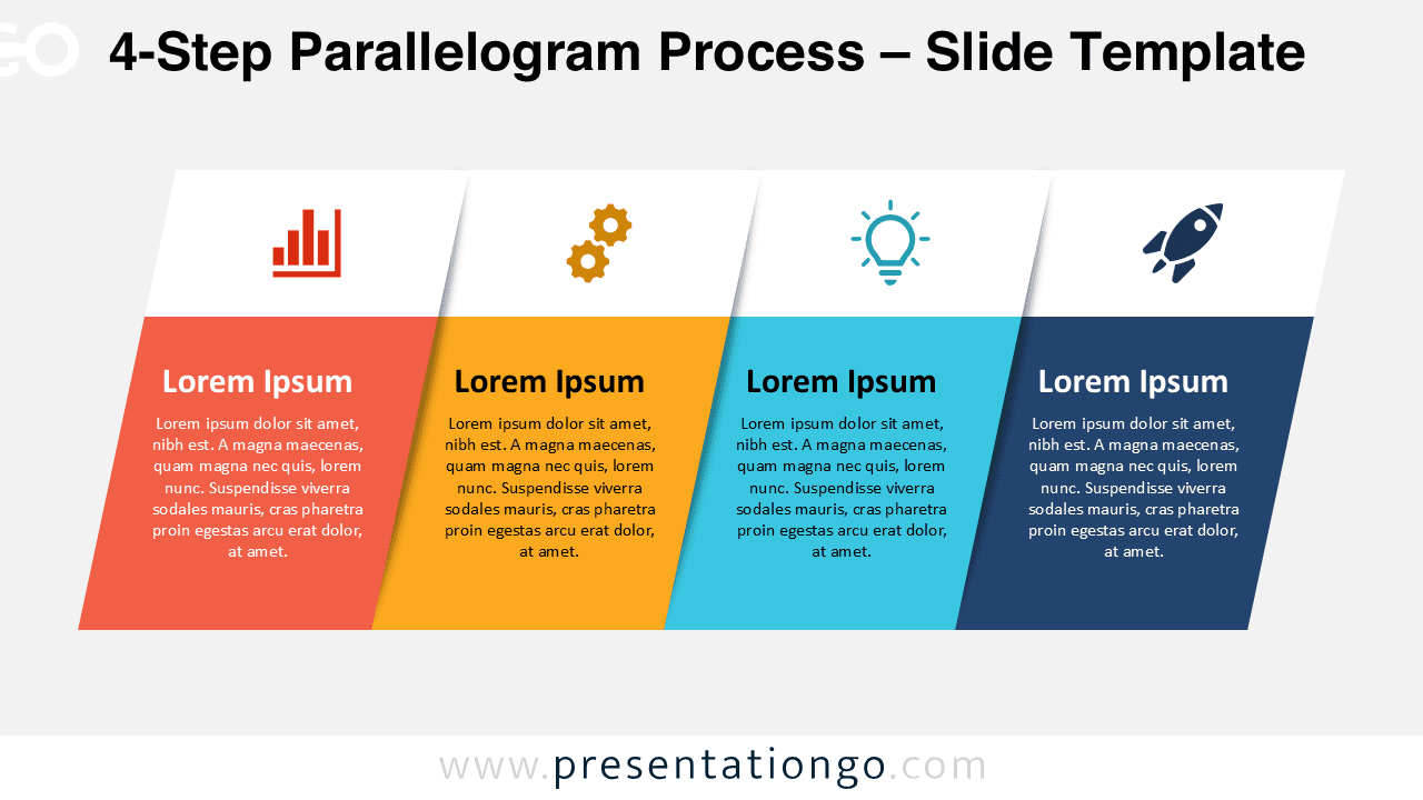 Parallelogram process workflow slide for PowerPoint and Google Slides with four steps, icon placeholders, and clean business layout