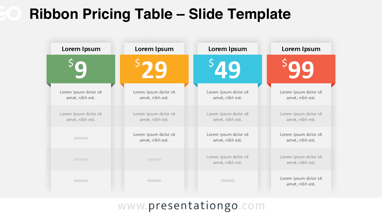 Four-tier ribbon pricing table slide for comparing plans, editable text and colors in PowerPoint and Google Slides decks.