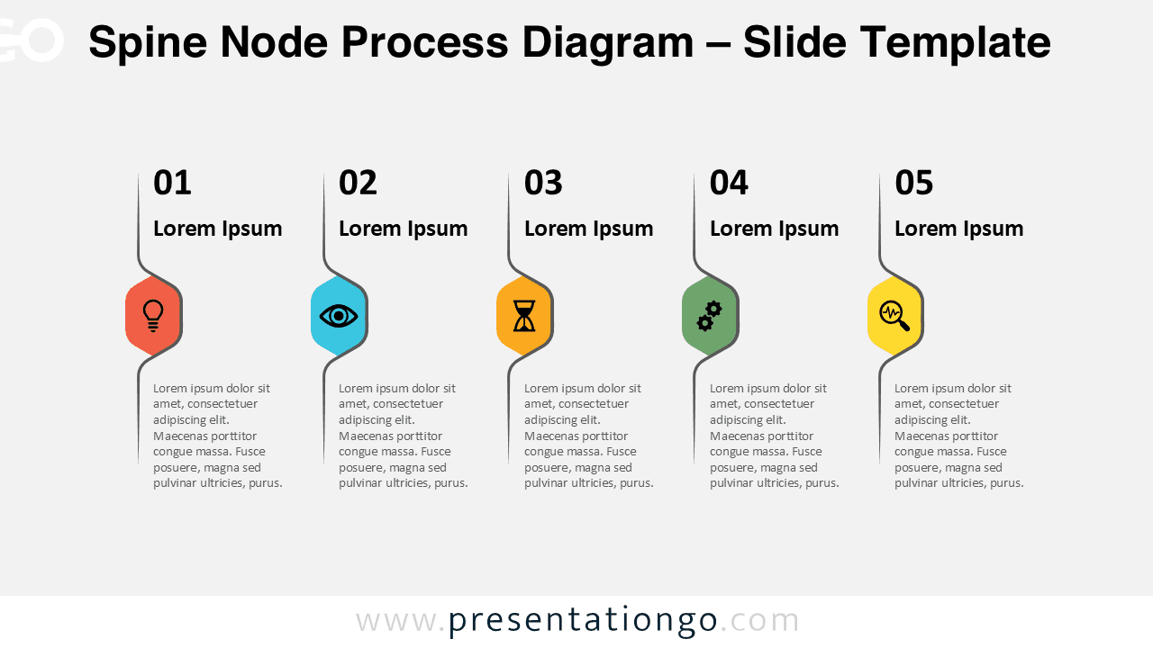 Vertical Spine Node Process Diagram for PowerPoint and Google Slides designed to present structured workflows with five editable steps.