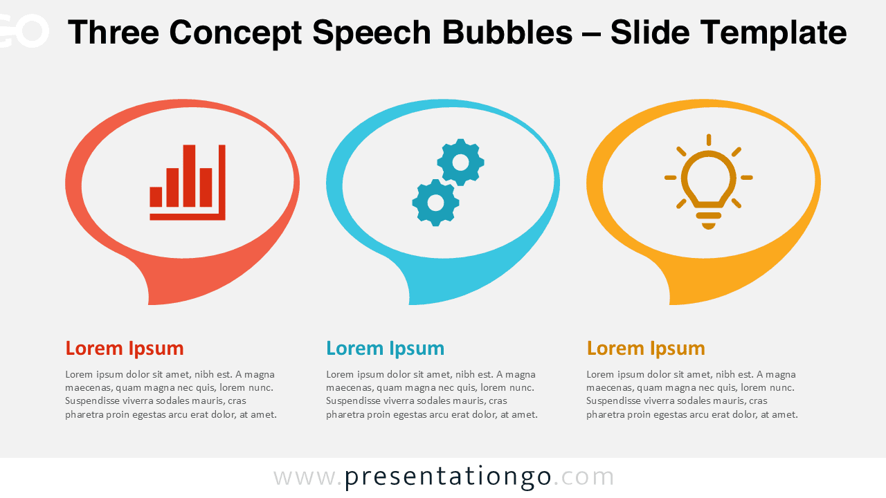Editable three concept speech bubbles infographic for PowerPoint and Google Slides with icons and clean visual layout