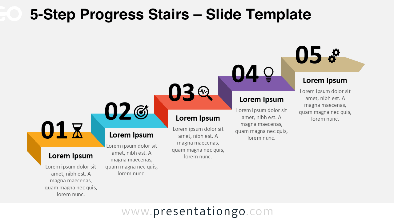 Professional 5-step progress stairs diagram for PowerPoint and Google Slides to explain workflows, roadmaps, and process stages