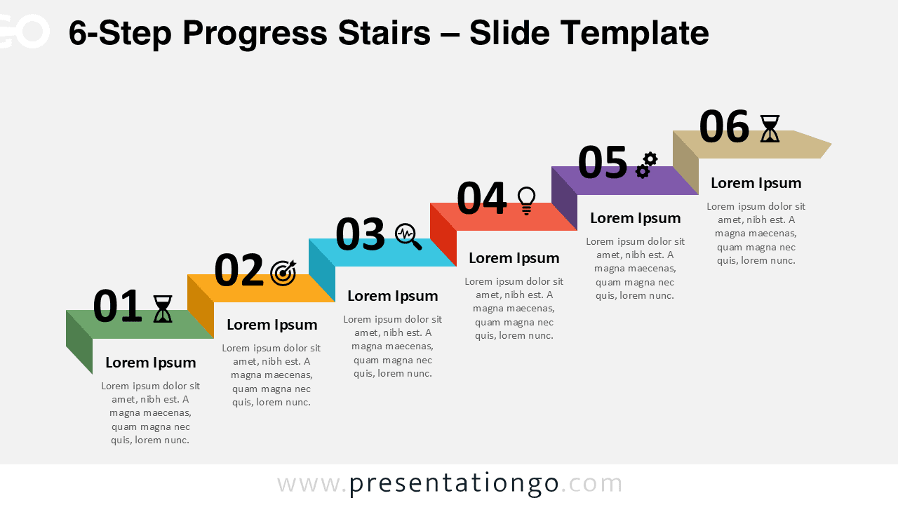 Professional 6-step progress stairs diagram for PowerPoint and Google Slides to explain workflows, roadmaps, and process stages