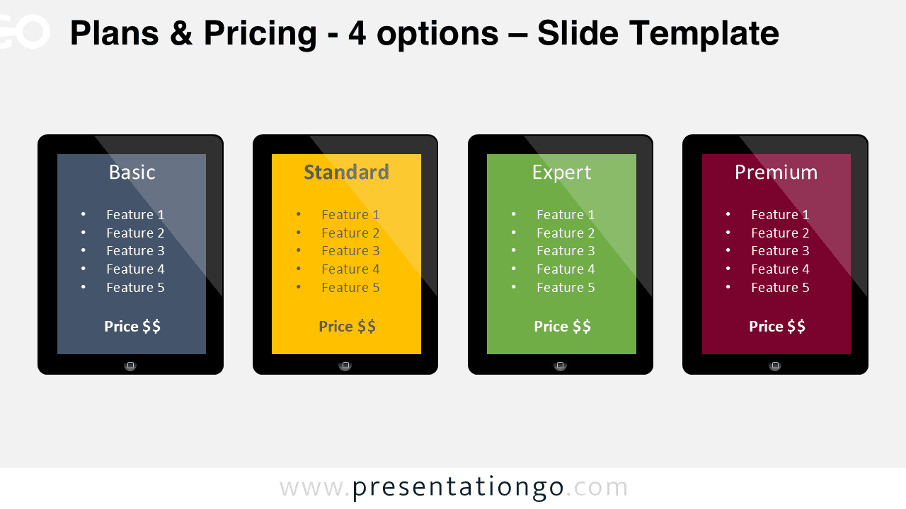Four pricing plans PowerPoint slide showing Basic Standard Expert and Premium options in tablet-style layout for plan or subscription comparison