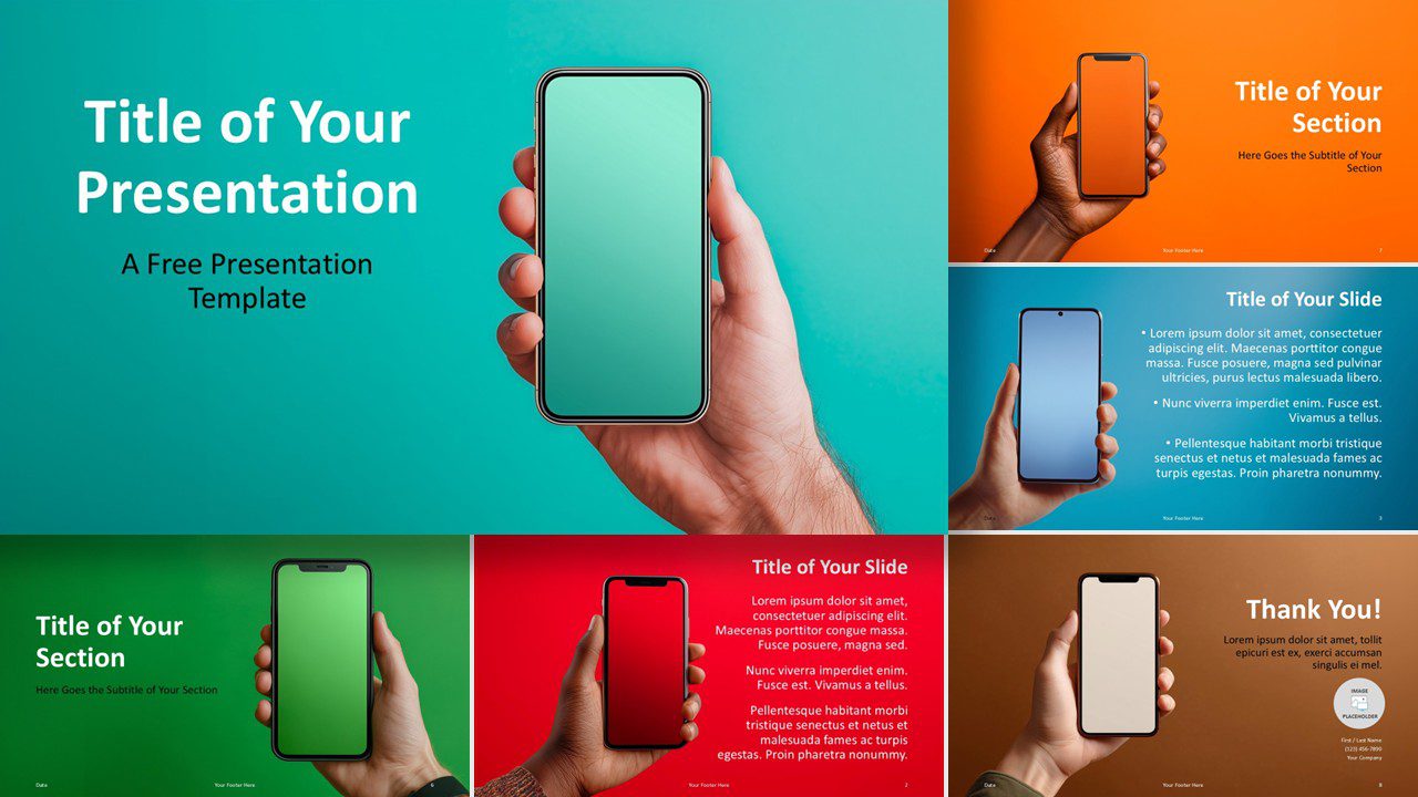 Preview of the Mobile Gradient Template for PowerPoint and Google Slides highlighting layout variety and smartphone imagery.