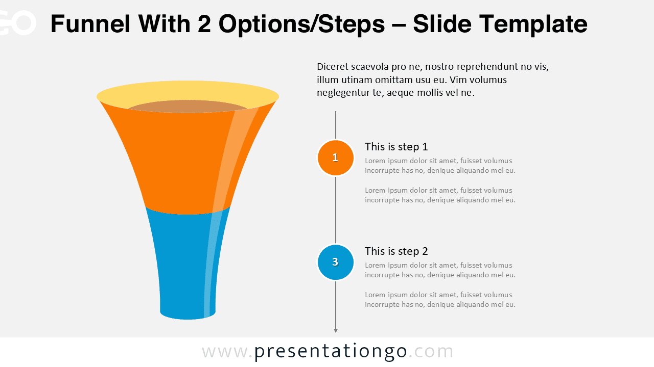 Two step funnel diagram for PowerPoint placed on the left with colored levels and text placeholders describing each stage
