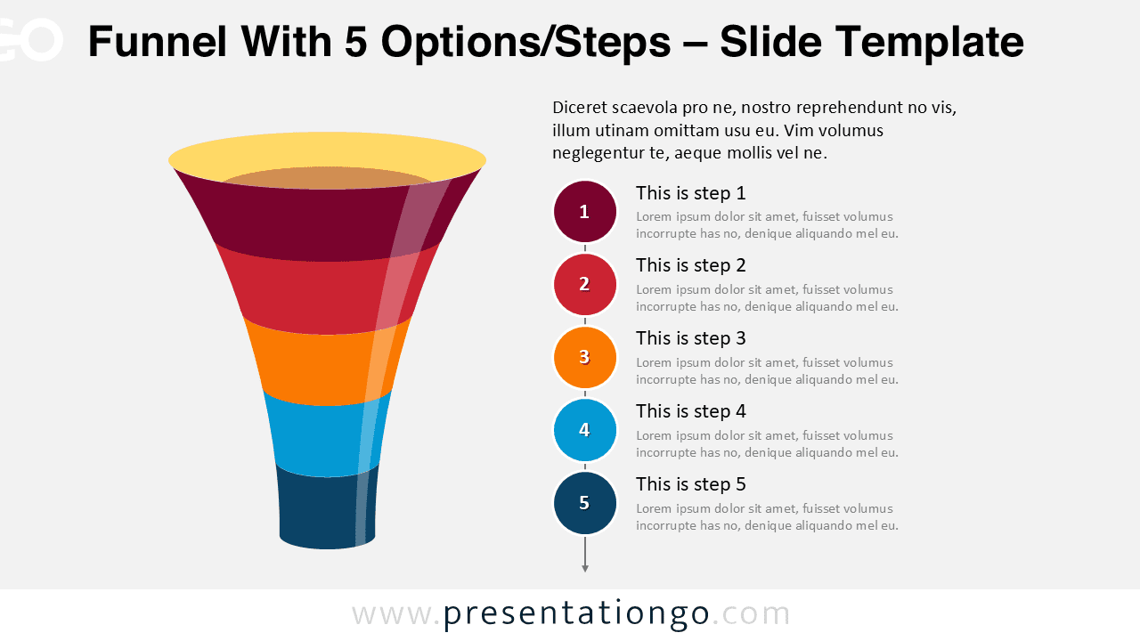 Five step funnel diagram for PowerPoint placed on the left with colored levels and text placeholders describing each stage